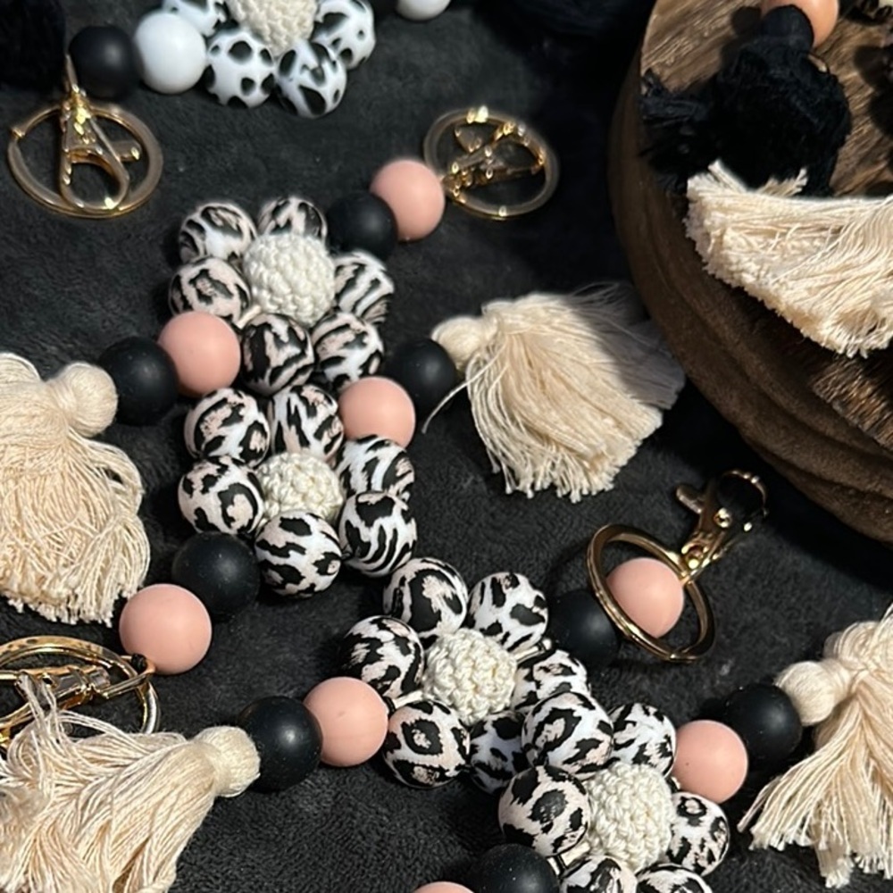 Colorful Tassel Keychain: Black, White, Pink & Cream